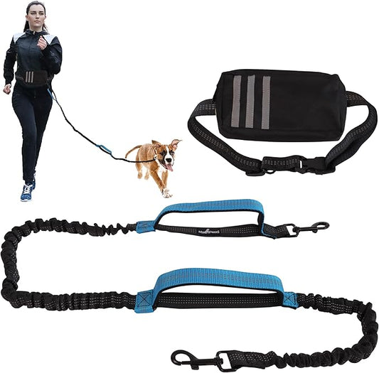 Hands Free Dog Leash with Waist Bag Fanny Pouch, Double Padded Handles, Adjustable Belt, Bungee Cord, Blue