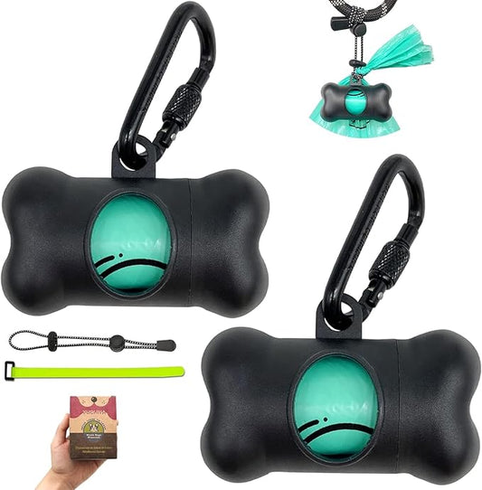 Dog Poop Pickup Bags Holder Dispenser with Standard-Sized Leak-Proof Scented Doggy Waste Bags and Carabiner with Safety Lock&Fastener Never Loose on Leash Lead Again (2 Holders 30 Bags, Black)