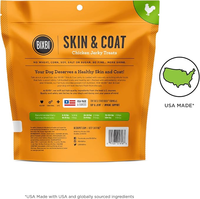 BIXBI Skin & Coat Support Chicken Jerky Dog Treats, 12 oz - USA Made Grain Free Dog Treats - Antioxidant Rich to Support Shiny, Full Bodied Coats - High in Protein, Whole Food Nutrition, No Fillers