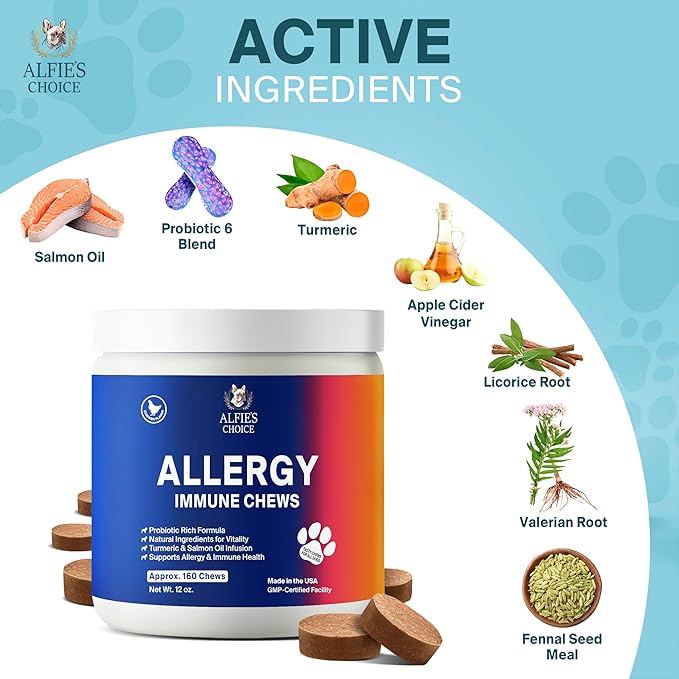 ALFIE'S CHOICE Dog Allergy Relief Chews - Allergy & Itch Relief Dogs Support Supplement, Probiotic Blend with Salmon Oil & Turmeric - Chicken Flavor Dog Allergy Chews Itchy Skin, 12 oz, Appx 160 Count