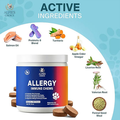 ALFIE'S CHOICE Dog Allergy Relief Chews - Allergy & Itch Relief Dogs Support Supplement, Probiotic Blend with Salmon Oil & Turmeric - Chicken Flavor Dog Allergy Chews Itchy Skin, 12 oz, Appx 160 Count