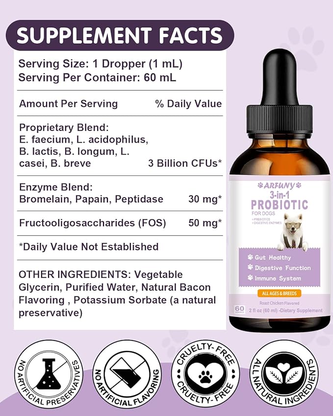 Probiotics for Dog | 60ML Liquid Probiotics for Dogs Support Gut Flora, Digestive Health & Diarrhea| Dog Digestive Enzymes & Prebiotics | Dogs Probiotics Allergies & Itchy Skin Relief | Roast Chicken