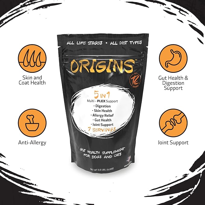 Origins 5-in-1 Dog Supplement - Powdered Food Topper w/Natural Omega 3 Fish Oil - Supports Healthy Digestion, Skin, and Coat - Helps Reduce Itching & Joint Inflammation (1/2 lb)