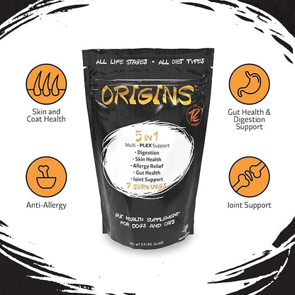 Origins 5-in-1 Dog Supplement - Powdered Food Topper w/Natural Omega 3 Fish Oil - Supports Healthy Digestion, Skin, and Coat - Helps Reduce Itching & Joint Inflammation (1/2 lb)