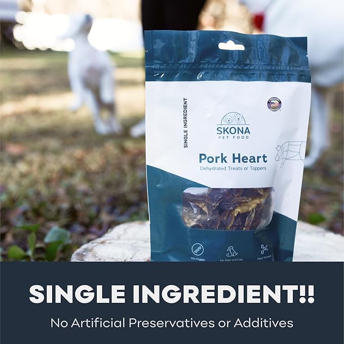 Skona Single-Ingredient Pork Heart Jerky Treats (4oz) | Dogs & Cats | Rich Vitamins, Protein, Taurine Boost | Dental Care, Hypoallergenic, USA Made