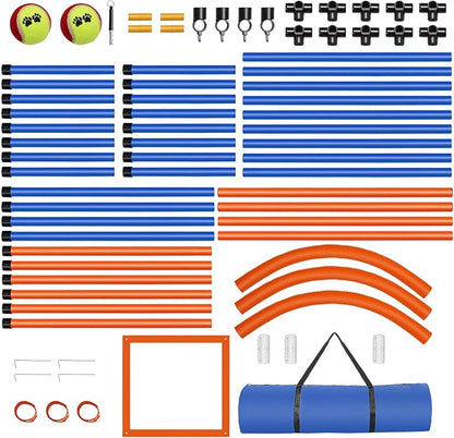 Dog Agility Training Equipment, 72-piece Obstacle Course Training Starter Kit Indoor Outdoor Game for Dogs with Agility Hurdle, Jump Ring, Weave Poles, Pause Box, Toy Balls and Storage Bag