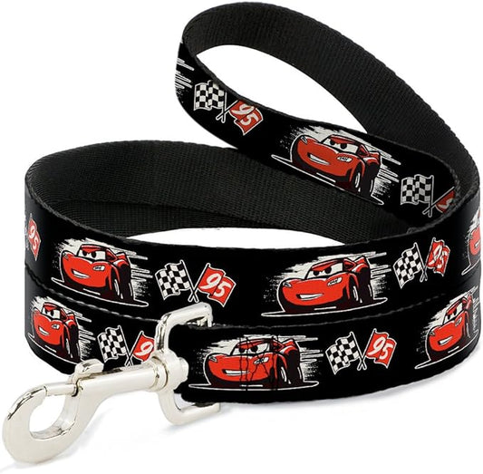 Dog Leash Cars 3 Lightning Mcqueen Caricature Race Flag Black White Red 6 Feet Long 1.0 Inch Wide
