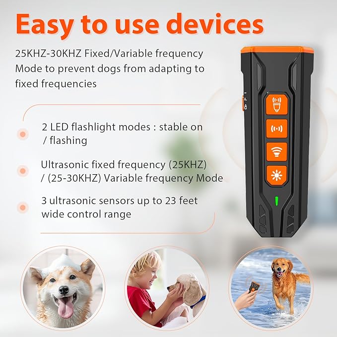 Anti barking device, Rechargeable ultrasonic dog repeller, up to 23 Ft Effective Control Range, Safe for Human & Dogs, Portable Indoor & Outdoor, Dog Training & Behavior Aids (Black Orange)