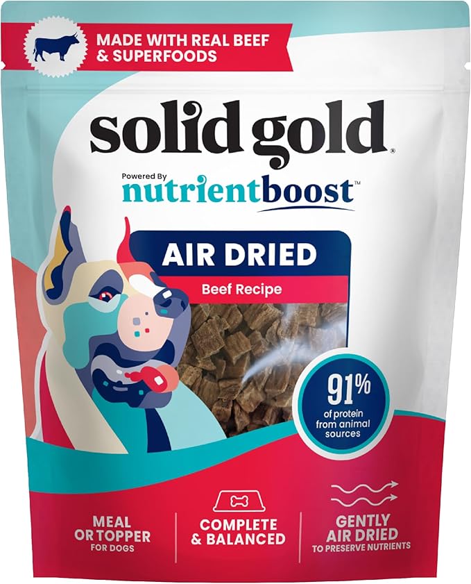 Solid Gold Air Dried Dog Food Toppers for Picky Eaters - Healthy Dog Treats Made with Real Beef to Serve as Meal Topper or Dog Treat - Supports Muscle Growth, Immunity, and Healthy Digestion - 1 LB