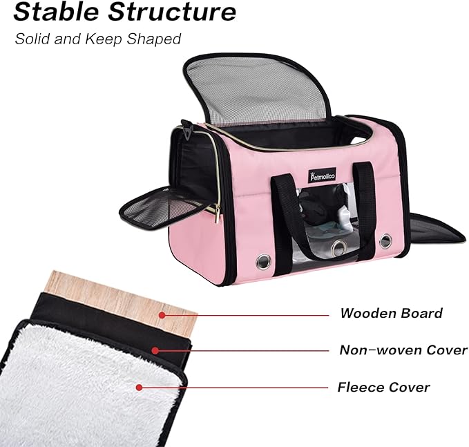 Petmolico Cat Carrier Dog Carrier, Airline Approved Soft Pet Travel Carrier with 3 Open Doors Mesh Windows for Cats Puppy 16 lbs, Pink