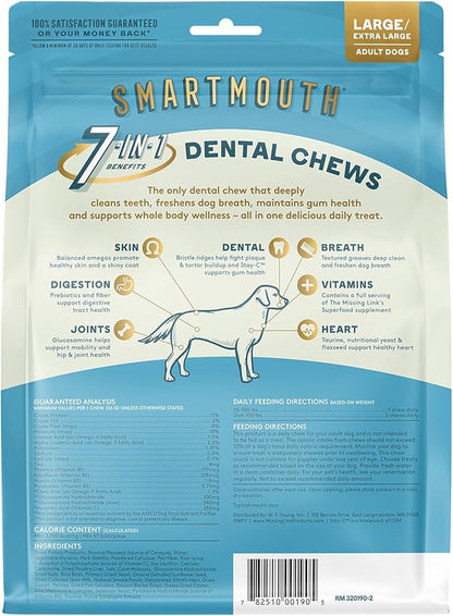 The Missing Link Smartmouth Vet Developed Dental Chew Treats, 7-in-1 Benefits: Healthy Teeth & Gums, Breath, Skin, Joints, Digestion, Heart, Immune System – Large/Extra Large 50-100lb+ Dogs, 28 Ct