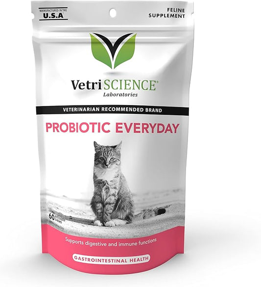 VetriScience Probiotic Everyday for Cats, Digestive Support Supplement, Duck Flavor, 60 Bite Sized Chews - Probiotics and Prebiotics, GI and Immune Support