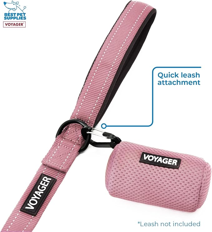 Best Pet Supplies Dog Poop Bag Holder Leash Attachment with 15 Bags, Pink, Reusable Mesh Dispenser Pouch for Travel, Walking, Park, and Outdoor Use, Soft and Durable with Clip-On