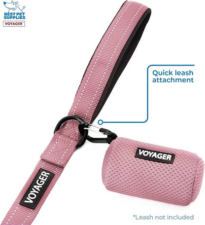 Best Pet Supplies Dog Poop Bag Holder Leash Attachment with 15 Bags, Pink, Reusable Mesh Dispenser Pouch for Travel, Walking, Park, and Outdoor Use, Soft and Durable with Clip-On