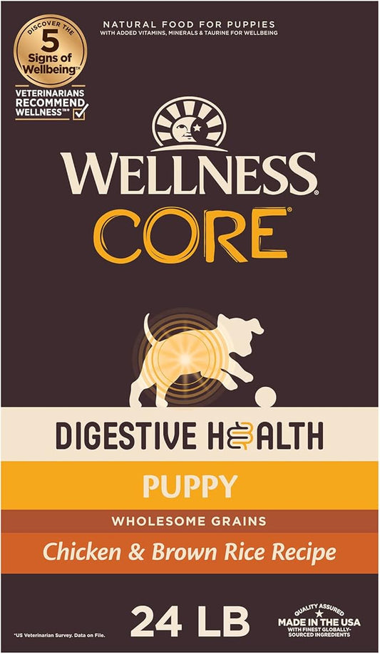 Wellness CORE Digestive Health Dry Puppy Food with Wholesome Grains, Highly Digestible, for Dogs with Sensitive Stomachs, Made in USA with Real Chicken (Puppy, 24-Pound Bag) (Packaging may vary)