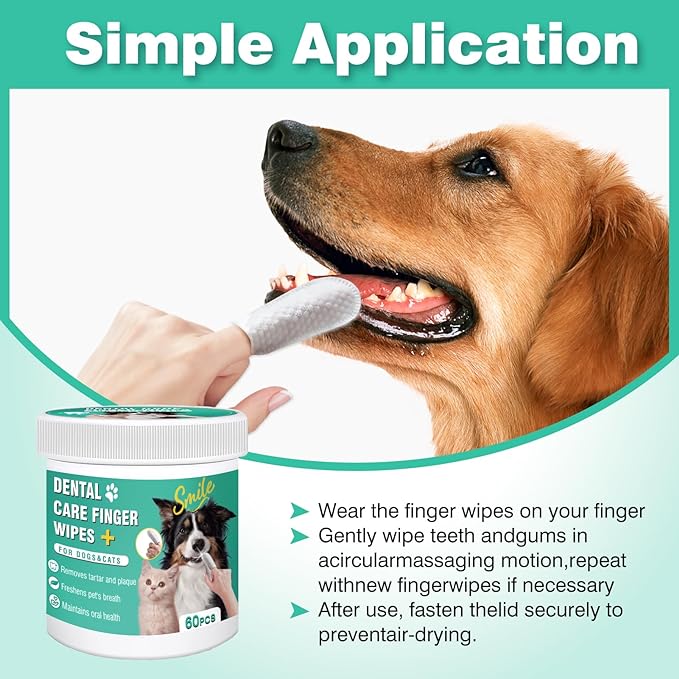 Dog Teeth Cleaning Wipes, Pre-Soaked Pet Tooth Finger Wipes 60pcs, Soothing Cleaning Pet Teeth, Reducing Tartar and Plaque, Freshening Breath, Maintaining Your Dog's Oral Health