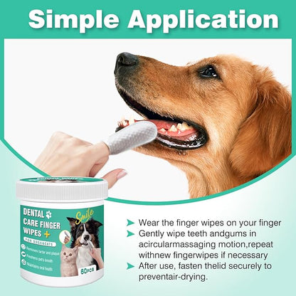 Dog Teeth Cleaning Wipes, Pre-Soaked Pet Tooth Finger Wipes 60pcs, Soothing Cleaning Pet Teeth, Reducing Tartar and Plaque, Freshening Breath, Maintaining Your Dog's Oral Health