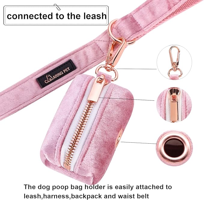 ARING PET Velvet Dog Waste Bag Dispenser, Pink Doggy Poop Bags Holders Attach to Any Leashes, Portable Washable Pet Waste Pouch Dispenser with Metal Zipper