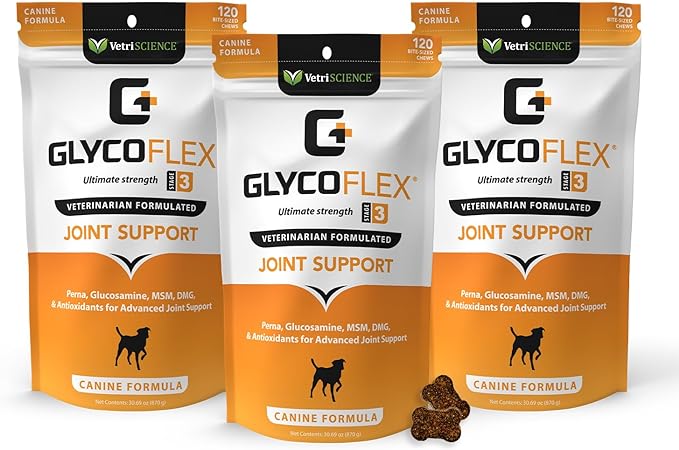 VetriScience Glycoflex 3 Clinically Proven Hip and Joint Supplement for Dogs - Maximum Strength Dog Supplement with Glucosamine, MSM, Green Lipped Mussel & DMG - 3 Pack (120 Chews Each)