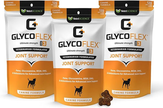 VetriScience Glycoflex 3 Clinically Proven Hip and Joint Supplement for Dogs - Maximum Strength Dog Supplement with Glucosamine, MSM, Green Lipped Mussel & DMG - 3 Pack (120 Chews Each)