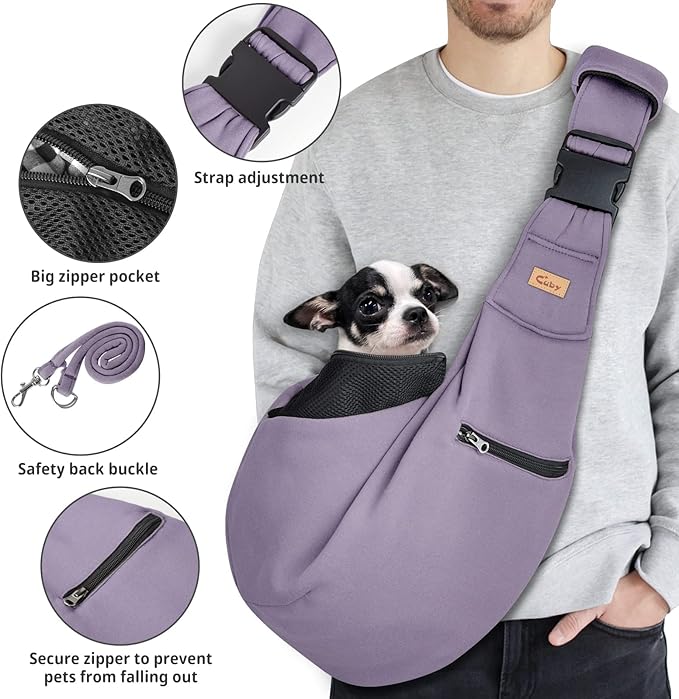 Cuby Dog and Cat Sling Carrier - Hands Free Reversible Pet Papoose Bag - Soft Pouch and Tote Design - Suitable for Puppy, Small Dogs Cats Outdoor (Purple, Adjust strap 2.0)