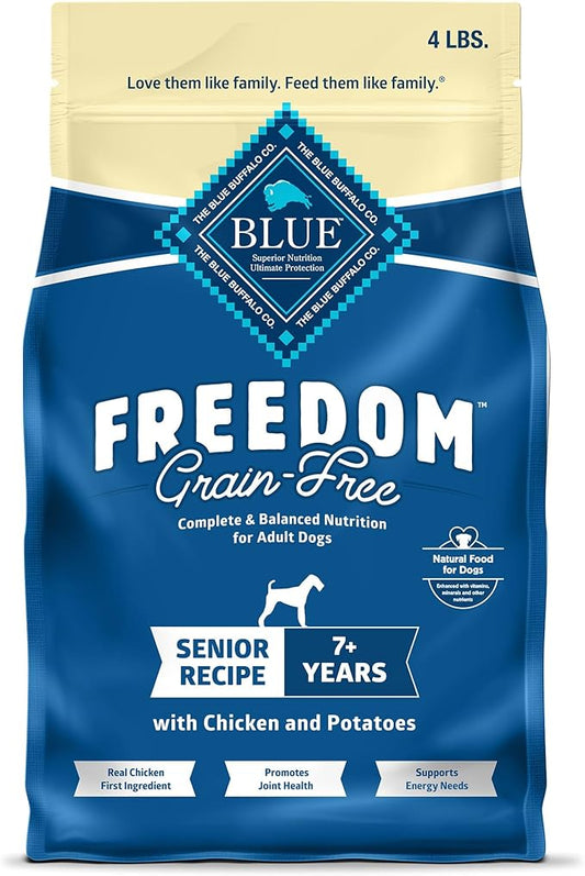 Blue Buffalo Freedom Grain-Free Senior Dry Dog Food, Provides Energy To Stay Active, Made in the USA With Natural Ingredients, Chicken & Potatoes, 4-lb. Bag
