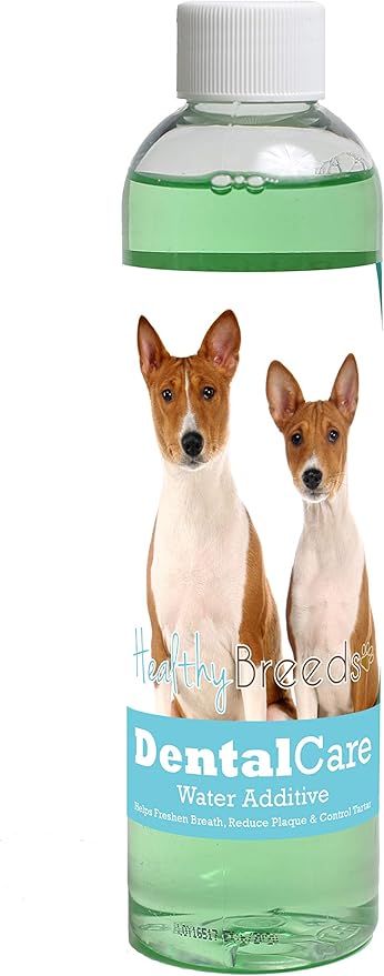 Healthy Breeds Dog Dental Care Water Additive for Basenji - Helps Freshen Breath, Reduce Plaque & Control Tartar - Mint Flavor - 8 oz