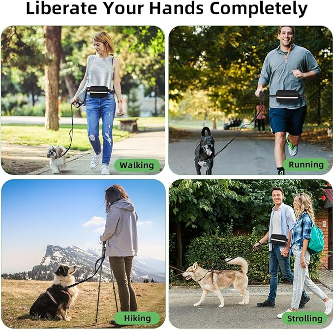 Philorn Hands Free Dog Leash with Pouch, Adjustable Waist Leash for Dog Walking, Running Leash for Medium Large dogs, Waist Dog Leash with Dual Handles and Durable Bungee for Jogging Hiking (Black)