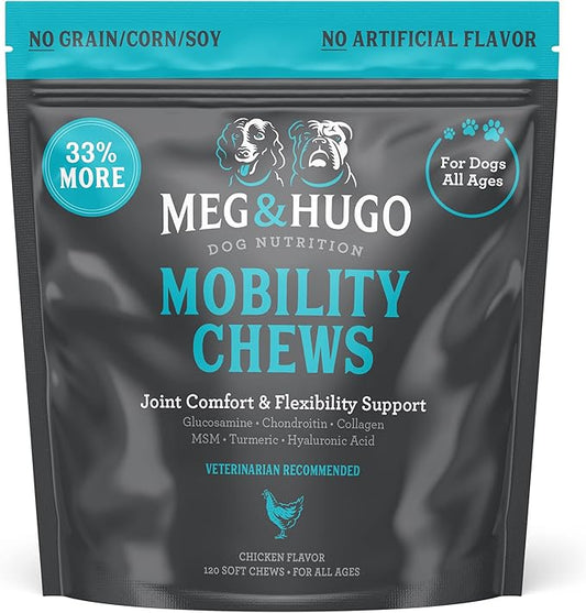Hip & Joint Supplement for Dogs, 33% More 120 Soft Mobility Chews Glucosamine Chondroitin, Collagen, Turmeric, Hyaluronic Acid, Flaxseed, Vitamin C & E, for Small & Large Breeds, Vet Recommended