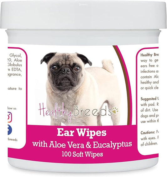 Healthy Breeds Pug, Fawn, Ear Cleaning Wipes with Aloe & Eucalyptus for Dogs 100 Count