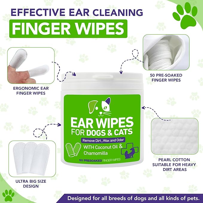 Pet Ear Wipes for Dogs and Cats - Dog Ear Cleaner Wipes, Cleaning and Deodorizing - Remove Debris & Wax, Improve Ear Itching, and Infections - 300 Finger Wipes (6 Packs)
