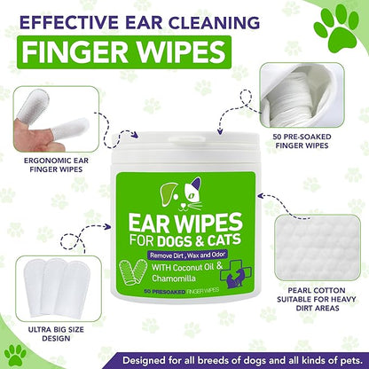 Pet Ear Wipes for Dogs and Cats - Dog Ear Cleaner Wipes, Cleaning and Deodorizing - Remove Debris & Wax, Improve Ear Itching, and Infections - 300 Finger Wipes (6 Packs)