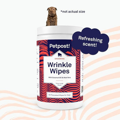 Petpost | Bulldog Wrinkle Wipes for Dogs - Extra Large Cotton Pads in Coconut Oil Solution - Cleans and Soothes XL Pug Wrinkles and Folds 60 ct.