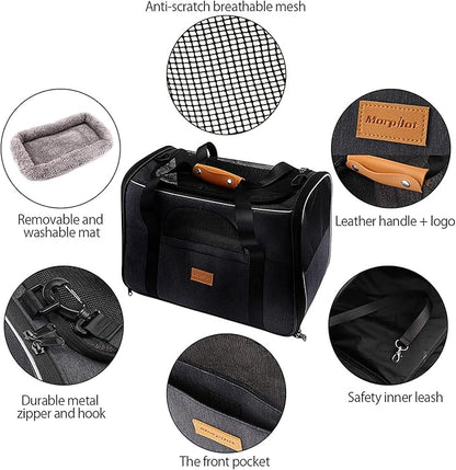 Cat Carrier, Morpilot Dog Carrier Travel Bag Airline Approved Portable Pet Carrier for Small Medium Puppies with Adjustable Shoulder Strap/Removable Mat/Bowl (Max 15lbs, 17.3x12.2x13.4)