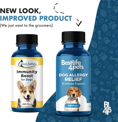 BestLife4Pets Dog Allergy Relief & Immune Support - Natural Holistic Remedy for Itchy Skin Conditions, Seasonal Allergies, Licking, Sneezing, Congestion and Scratching - 400 Odorless, Tasteless Pills
