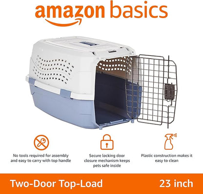Amazon Basics - 2-Door Top-Load Hard-Sided Dogs, Cats Pet Travel Carrier, Gray & Blue, 22.8"L x 15.0"W x 13.0"H