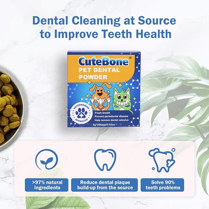 CuteBone Pet Dental Powder 20 Bags On The Go- Natural Oral Care Formula for Dogs & Cats, Freshens Breath, Reduces Plaque & Tartar, Promotes Healthy Gums, Easy-to-Use Teeth Powder, 0.176 oz, 20 Pack