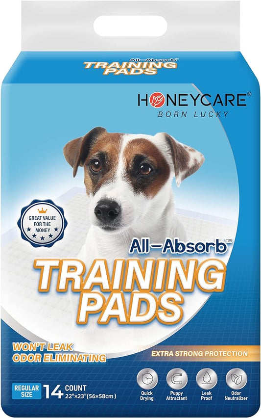 HONEY CARE All-Absorb Dog Pee Pads 22" x 23" (Pack of 14), Ultra Absorbent and Odor Eliminating Puppy Pads for Training, 5-Layer Leak-proof Pee Pads with Quick-dry Surface for Potty Training