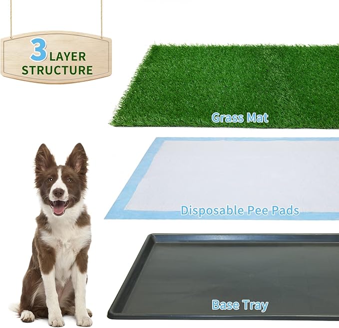Dog Grass Pad with Tray,35.5” x 23.6” Indoor Dog Potty System 2 Pics Replacement Artificial Grass Mats-5 Pics Disposable Puppy Pads,for Puppy Training Apartment,Balcony and Apartment Use