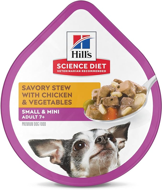 Hill's Science Diet Small & Mini, Senior Adult 7+, Small & Mini Breeds Senior Premium Nutrition, Wet Dog Food, Chicken & Vegetables Stew, 3.5 oz Tray, Case of 12