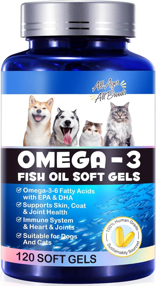 Omega 3 Fish Oil for Dogs, 100% Pure Pet Fish Oil Supplement for Dogs & Cats with DHA & EPA Fatty Acids Skin & Shiny Coat, Fish Oil for Dogs Shedding Allergy, Itch, Dry Skin, Joints -120 Capsules