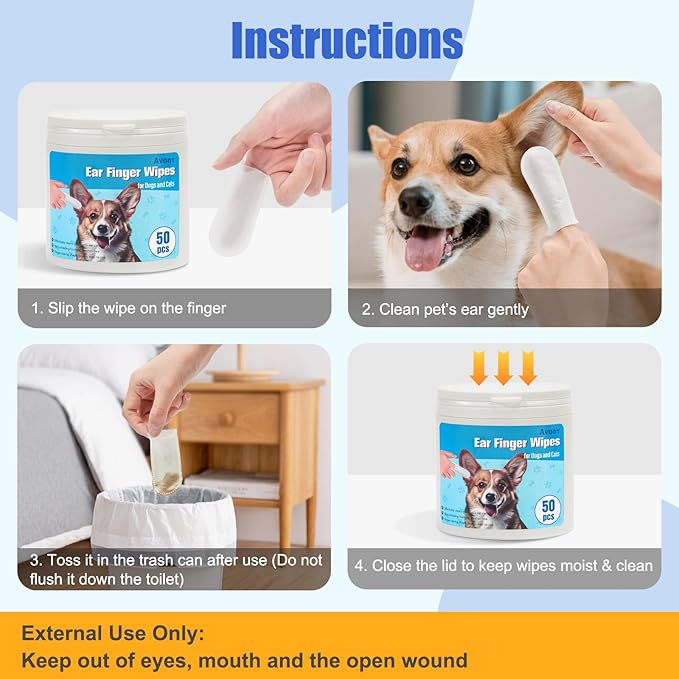 Avont 2 Pack Dog Ear Cleaner Wipes, Gentle Ear Relief Cleaning Finger Sheath for Cats Pets, 100 Disposable Pieces