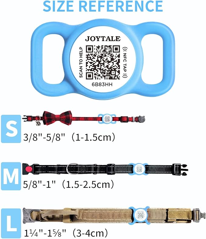 Joytale [ NO APP Required ] Silent Silicone QR Code Dog Tag, Slide On Dog Tags for 1 Inch Wide Collars or Vest, NFC Pet Online Profile, Scan QR to Send Location Alert Email, Sky Blue, M