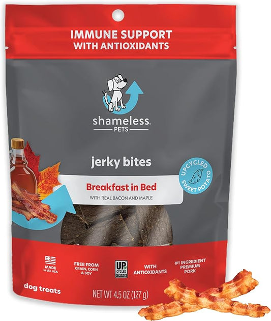 Shameless Pets Jerky Dog Treats, Breakfast in Bed - Healthy Dog Chews for Immune Support with Antioxidants - Dog Treats with Real Premium Bacon - Free from Grain, Corn & Soy - 4.5 oz 1-Pack