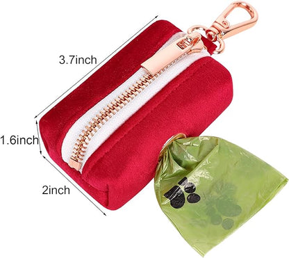ARING PET Dog Waste Bag Dispenser, Soft Doggy Poop Bags Holders Attach to Any Leashes, Velvet Portable Washable Red Pet Waste Pouch Dispenser with Metal Zipper