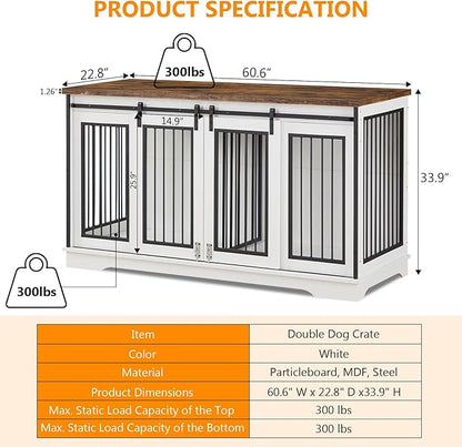 2-in-1 Double Dog Crate Furniture for 2 Dogs 60.6 Inch Pure White Sturdy Double Dog Kennel TV Stand with Divider and Sliding Doors