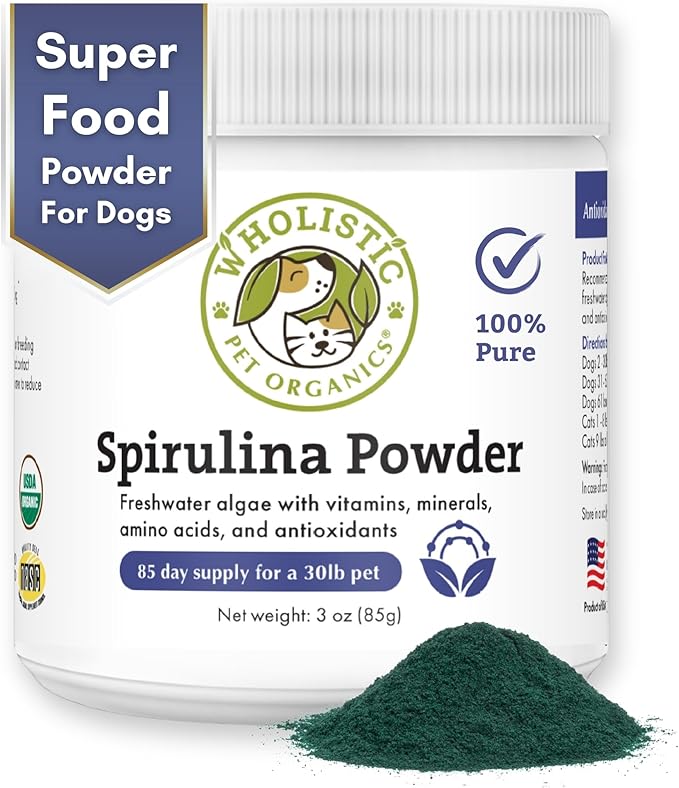 Wholistic Pet Organics Spirulina Powder Organic for Dogs Super Greens Powder Seasonal Allergy Support Supplement Dog Multivitamin USDA Certified Immune Support Vitamins Antioxidants and Minerals
