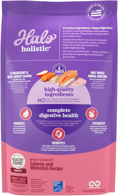 Halo Holistic Dog Food, Complete Digestive Health Wild-caught Salmon and Whitefish Recipe, Dry Dog Food Bag, Adult Formula, 21-lb Bag