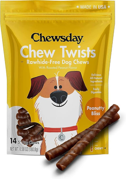5-Inch Chewy Dog Chew Twists, Made in The USA, All Natural Rawhide-Free Highly-Digestible Treats, Peanutty Bliss - 14 Count