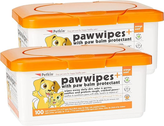 Petkin Paw Wipes Plus, 200 Orange Scented Wipes, 2 Pack - Absorbent Pet Paw Wipes Remove Daily Dirt & Odors - Enriched with Paw Balm Protectant -Easy to Use Pet Wipes for Dogs, Cats, Puppies & Kittens
